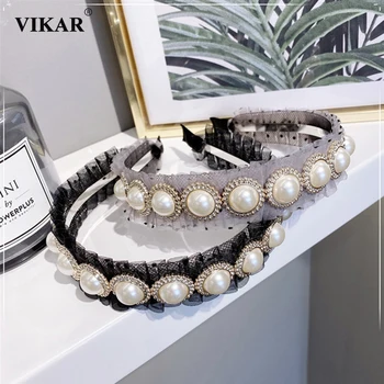 VIKAR Hermosa Malla Gauzu Diadema de Perlas para las Mujeres Wave Dot Pleasted Brillante Vinchas de Pelo Aro de Chicas de Moda Accesorios para el Cabello