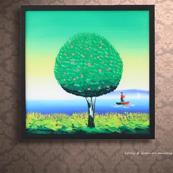 Pintado a mano la decoración del hogar moderno salón sala de arte de la pared de la imagen vernal árbol verde cuchillo de paleta paisaje pintura al óleo sobre lienzo