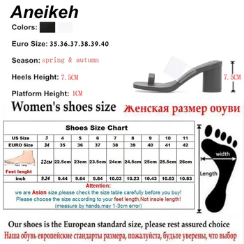 Aneikeh 2019 Moda de Verano Transparente de la PU de las Mujeres Zapatillas Sólido Flip-Flops Plaza de Tacón de todos los días Fuera, Negro, Blanco Tamaño 35-39