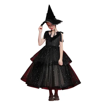 Halloween negro vestido largo de la edad de 3 a 14 años adolescentes de 2021 verano nueva ropa de niños de graduación vestidos de fiesta de los niños vestimentas de color
