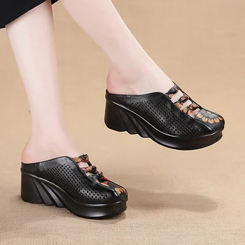 GKTINOO 2021 de la Moda de los Cut-outs de las Mujeres Zapatos de las Zapatillas de Verano Cerrado Toe Sandalias de Cuña de Cuero Genuino Señora Diapositivas de Zapatos de Mujer