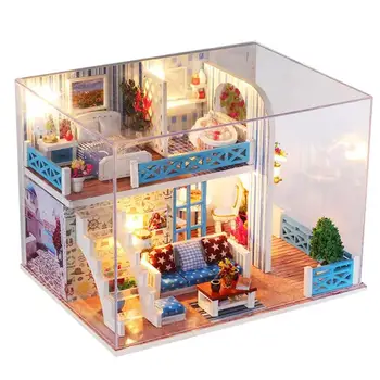 Lindo DIY casa de Muñecas en Miniatura de los Muebles Kit de Juguetes Edificio de Ensamblaje de Casa de Muñecas, Juguetes de Madera Para Niños de Cumpleaños Regalo de Navidad