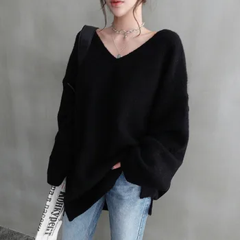 Corea del V-cuello Casual Suelto de la Mujer Suéter de Color Sólido de Punto de Lana de Cachemira Suéter Completo de la Manga de un Jersey de Invierno 2020 Negro Nuevo