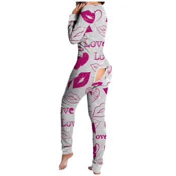 Mujeres Otoño Invierno Mamelucos De Impresión De Manga Larga Solapa Botón Dormir Mono Mono Pijama Pijama Mameluco De Ropa De Dormir D4