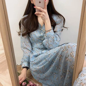 Botón Floral Vestido de Gasa de Manga Larga Azul Vestido Midi en Blanco una Línea Elegante coreano Harajuku Vestidos Primavera Verano de 2020
