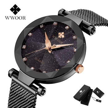 WWOOR Mejor Vender Cielo Estrellado Reloj de Mujer de la Marca Superior de Lujo del Diamante Negro, de Acero Inoxidable de Cuarzo Relojes de Pulsera de las Mujeres Montre Femme