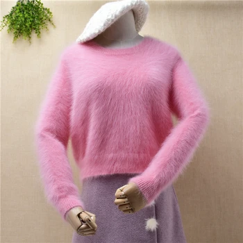 Señoras de las mujeres de la moda peludo de color rosa visón de cachemira corto estilo crop top suelto de jersey de angora de piel de conejo de invierno jumper suéter de extracción