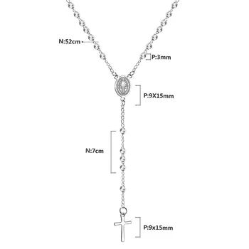 LUXUSTEEL de Cuentas de la Cruz Collar de Acero Inoxidable de Longitud 52 cm+7 cm Rosario Cristiana Religiosa Católica de la Joyería collar largo mujer