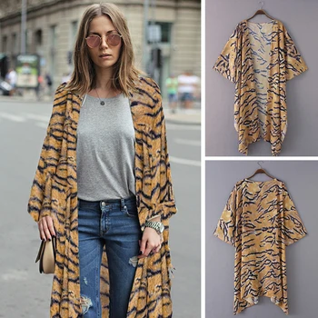 La Moda De Las Mujeres Más El Tamaño De Gasa Kimono Cardigan De Tigre Con Rayas De Impresión Irregular Dobladillo Casual De Encubrimiento De Trajes De Baño Ropa De Camisa