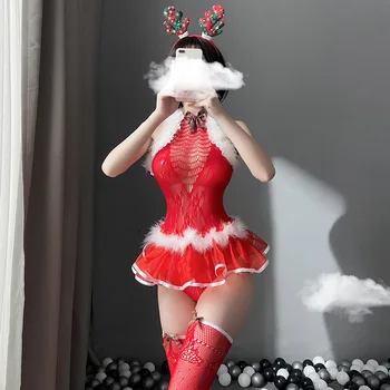 La navidad Encanto Trajes Cosplay Hueco Traje Tentación Elk Diadema de Lencería Sexy Para Mujeres Bra Set Red Fishnet Mono