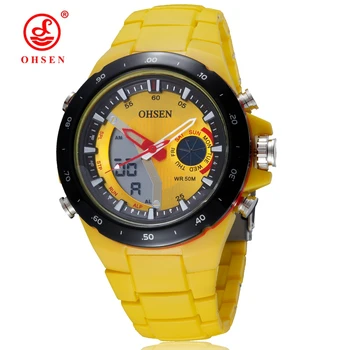 Mayorista de OHSEN la Marca de Moda Digital de Cuarzo de los Hombres reloj de Pulsera de la Correa de Silicona de color Amarillo Marcado al aire libre Impermeable de los Relojes deportivos Regalos
