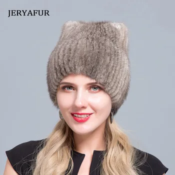 Mujeres de mediana edad en el invierno: de visón de piel de las mujeres suéter de punto sombrero nuevo de la moda Europea y Americana de gato estilo de esquí de tapas