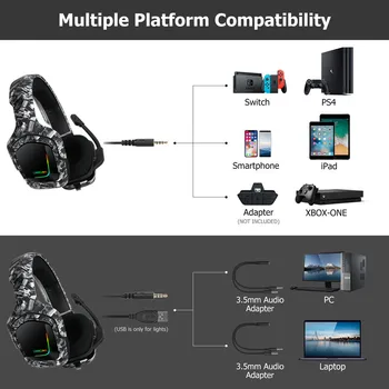 ONIKUMA K20 PS4 Auricular de Juego de Auriculares con Micrófono LED de Luz de Sonido Envolvente Bass PC Gamer de Auriculares para la Nueva Xbox One de Teléfono