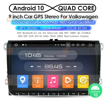 Android 10 Multimedia del Coche de GPS de Navegación 1024*600 de 4 núcleos para VW Volkswagen Skoda POLO GOLF 5 6 JETTA PASSAT TIGUAN PASSAT Caddy