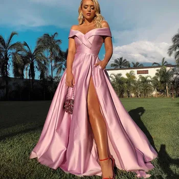 Rosa de Raso Largo Prom Vestidos de 2020 de los Hombros Fuera de Cuello V de Split Frontal con Bolsillo de la Longitud del Piso Más el Tamaño de Fiesta Vestido de Noche de Encaje-up