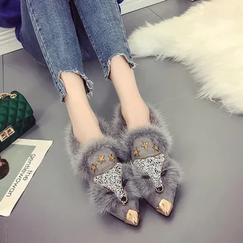 Crystal fox patrón de invierno plano mocasines de mujer de metal punta del dedo del pie brillo de piel mocasines de la marca del diseñador de zapatillas de ballet zapatos de las señoras