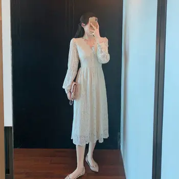 Sólido Elegante De Hadas Vestido De Las Mujeres De Encaje Francés Diseñador De Vestido Midi Hembra Señora De La Oficina Japonesa De Estilo Coreano Vestido De Fiesta De Las Mujeres 2021