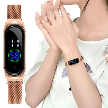 La moda de la Pantalla Táctil de Mujeres Relojes LED Digital de los Relojes de Oro Rosa Magnética banda de Malla Electrónica relojes de Pulsera de las Señoras Reloj Mujer