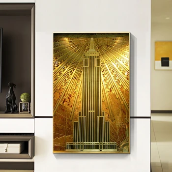 Oro Empire State Building Poster Art Deco Pintura en tela, Grabados y Fotografías de Arte de Pared de Fotos para la Sala de estar