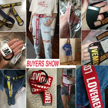 Las Mujeres Harajuku Cinturón Rojo De La Letra Impresa De La Moda Unisex Doble Anilla En D De Lona Correa Femenina Largo De Los Cinturones De Jeans Me Ama Más