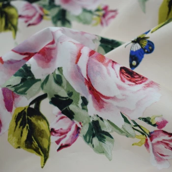 2018 teñido reactivo de color beige inferior rosas mariposas bebé de tela de algodón para el verano vestido de telas por metros tissu au metros de vestidos
