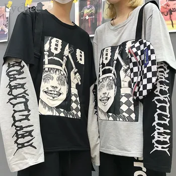 Lichi Harajuku Japonés Junji Ito Anime Imprimir las Mujeres T-Shirt Fake 2 Piezas O-Cuello de Manga Larga Casual Suelto Mujeres T-shirt