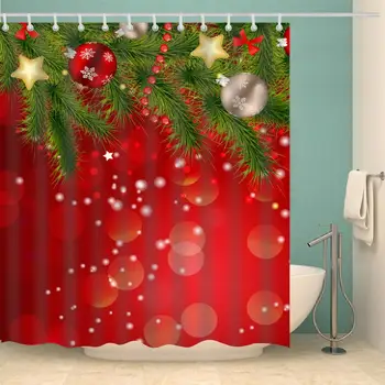 La navidad de la Serie Cortina de Ducha de la Rama del Pino Rojo de la Bola de Accesorios de Baño con 12 Ganchos de Tela Impermeable de Baño de Navidad Decoración