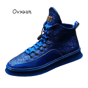 OVXUAN Todo Azul Grueso Zapatillas de deporte de Moda Masculina de Lujo Diseñador Británico Brillante Glitter Zapatos de los Hombres de la Plataforma Básica de Tobillo Botas de los Hombres