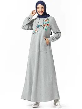 Musulmán Con Capucha Maxi Vestido De Chándal De Mujer Bordado Floral Trotar Vestido Largo De Ropa Deportiva De Bolsillo De Gran Swing Vestido De Ropa Islámica