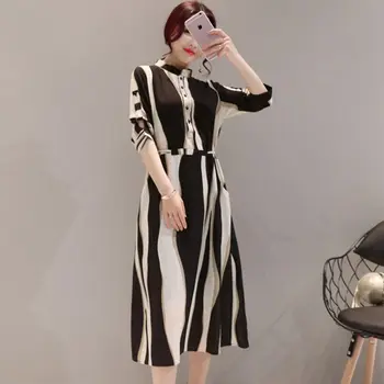 2018 Verano Estilo coreano de las Mujeres de Cuello de Pie a Rayas de Moda Casual Elegancia Dulce Delgado Botón de la mitad de la Pantorrilla Vestidos de Hots D89316Q