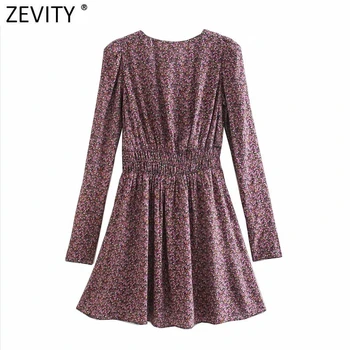 Zevity 2021 Mujeres Vintage con Cuello en V Profundo de la Impresión Floral Elástico en la Cintura Mini Vestido de Mujer Pliegues Puff Manga Casual Slim Vestido DS4903