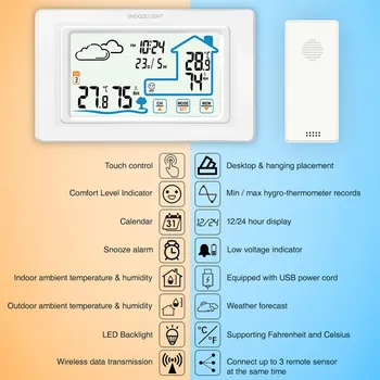 Tres Sensores Touch control digital de temperatura, instrumentos de interior y al aire libre de la estación meteorológica de reloj