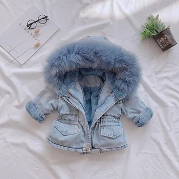 Bebé de las niñas chaquetas de invierno de corea 2-7 años de edad de los niños y engrosamiento de terciopelo chaqueta de mezclilla gran cuello de piel chaqueta boyscotton