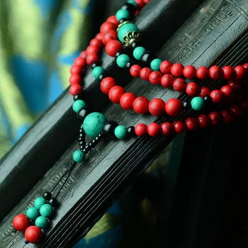 El viento chino nacional de la joyería de Múltiples capas de piedras de color rojo y verde de la piedra negra de la vendimia de rosarios pulsera&collar largo