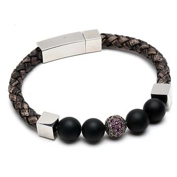 Mcllroy brazaletes de las pulseras de 10mm piedra natural perlas pulsera & pulsera de cuero de los hombres de acero inoxidable de la joyería de 2018 mens joyería