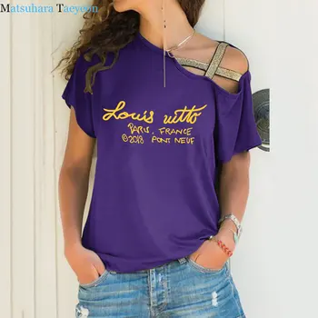 La moda de verano de algodón t-shirt de impresión de cartas de dulces la parte superior camisetas Mujer Camiseta Irregular Sesgo de la Cruz Vendaje Camiseta mujer camisetas