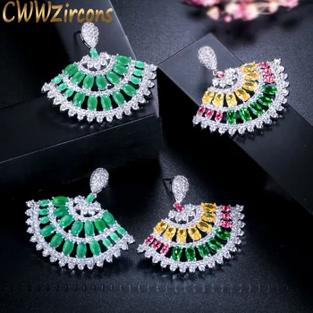 CWWZircons Hermoso Multicolor Cubic Zirconia Joyas Forma de abanico Marca de Moda Grande Verde CZ Boda Aretes Para las Mujeres CZ144