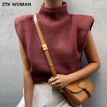 ZA 2021 Primavera Nuevas Mujeres Chaleco de Suéter con cuello de Tortuga Sólido sin Mangas de tejido Jersey de Alta Moda de la Calle del Vino rojo de la parte Superior