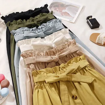Verano De Las Mujeres Faldas 2019 Coreano Elegante Botón De Cintura Alta Falda Casual Corbata De Lazo Plisado De La Escuela De Sun Falda Más El Tamaño De Vestido