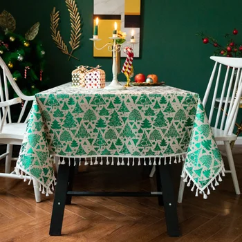 Europa estilo de la Ropa de Algodón Mantel Rojo del Árbol de Navidad de la Familia parte de la Decoración de la mesa de paño Blanco de la Borla Dobladillo de la Boda de la cubierta de la Mesa