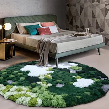 Verde nórdica 3D de la serie el patrón hecho a mano de lana de mezcla de alfombra, estilo pastoral pequeño bosque de forma redondeada de la decoración de la alfombra