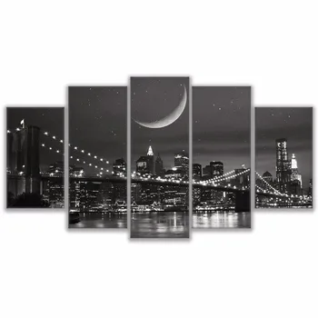 Pinturas en lienzo Modular de Arte de Pared con Marco de Decoración para el Hogar 5 Piezas de Nueva York paisaje lunar de las Imágenes HD Imprime Puente de Brooklyn Cartel PENGDA