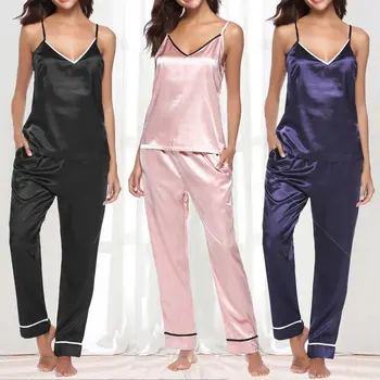 La moda del Color Sólido V-cuello de la Liga Superior de los Pantalones de Traje de Dos piezas de ropa de hogar Conjunto Sexy ropa de Dormir De 2021 Primavera Hogar Traje de Conjuntos