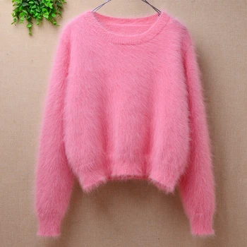 Señoras de las mujeres de la moda peludo de color rosa visón de cachemira corto estilo crop top suelto de jersey de angora de piel de conejo de invierno jumper suéter de extracción