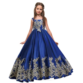 La Princesa Azul Real De La Longitud Del Piso Vestidos De Niña De Flores De Oro Apliques De Las Niñas Vestido De Concurso, La Primera Comunión, Vestidos De Fiesta Vestido