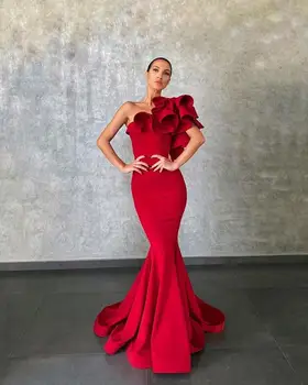 Elie Saab Elegante Rojo De La Sirena Vestidos De Noche De La Flor De Volantes Fiesta Formal Vestidos De Noche De Pasarela De La Moda De Baile Desgaste