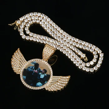 De lujo de encargo de la Foto Con Cristal de Alas de Ángel Colgantes Collares de 3 Colores de Oro Cúbicos Circón de los Hombres de Hip Hop de la Joyería Con el Cuadro