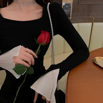 Corea Chic Vintage De Nuevo Vendaje Negro De Cuello Cuadrado De La Llamarada De La Manga Vestido De Las Mujeres De Nueva Slim De Encaje De Cintura Alta Vestido De La Moda Salvaje