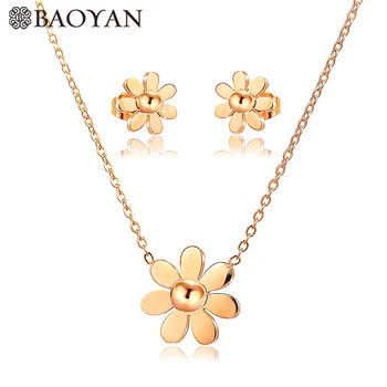 Baoyan Joyas de Acero Inoxidable 316L Simple Flor Aretes Collar de la Conjunto de Moda de la Joyería Nupcial de la Joyería de la Boda Establece Para las Mujeres