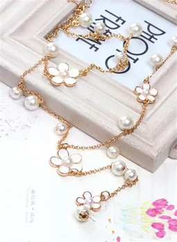 Romántico de la Flor de Largo Collar de Perlas para las Mujeres Simulado de la Borla de la Joyería de Perlas Collares & Colgantes de Bisutería Femme Perle